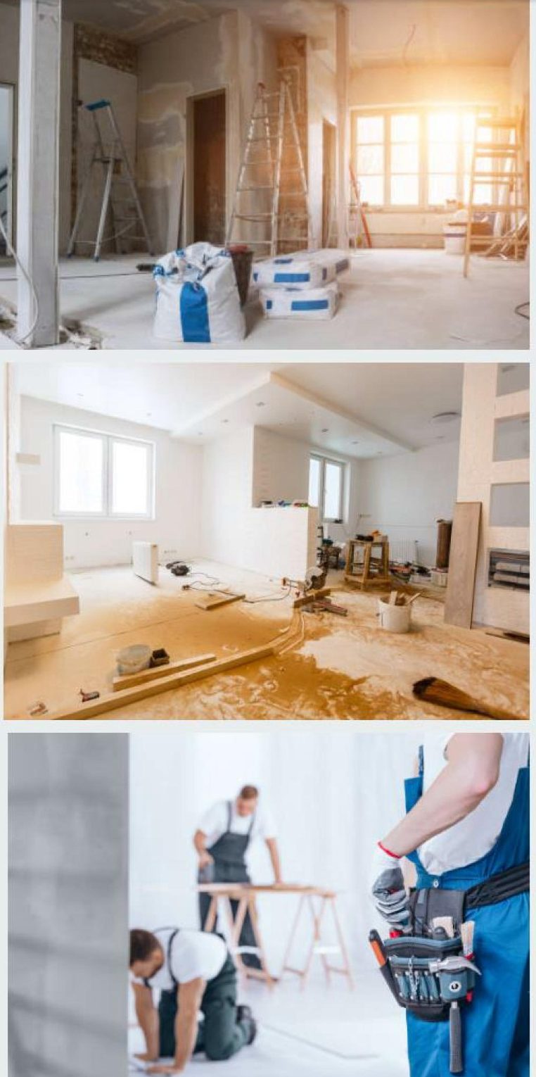 Travaux de rénovation intérieure avec outils et matériaux dans une pièce lumineuse.