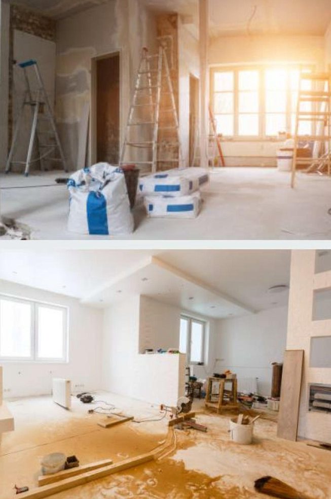 KITAROLL-BATIMENT RENOVATION IMMOBILIER Chantier de rénovation intérieure avec matériaux et ouvriers au travail.